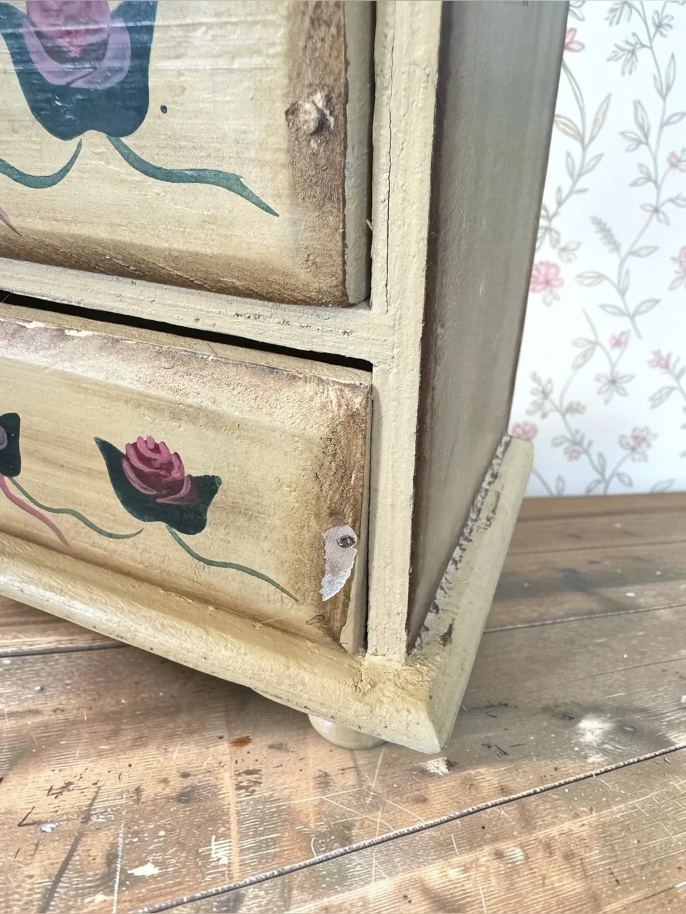Hand-Painted Mini Chest Drawers with Pink Rose Motif